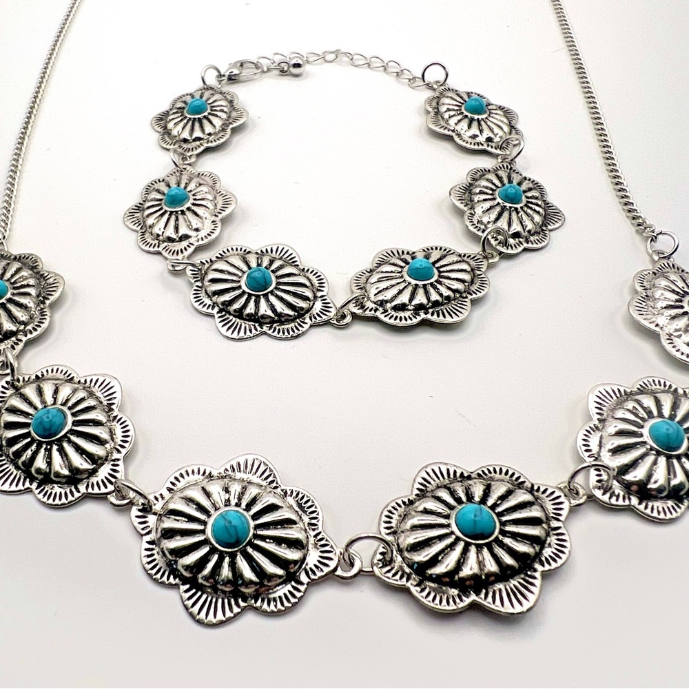 Boho Silver-Tone Turquoise Flower Necklace & Bracelet Set - Picture 3 of 7